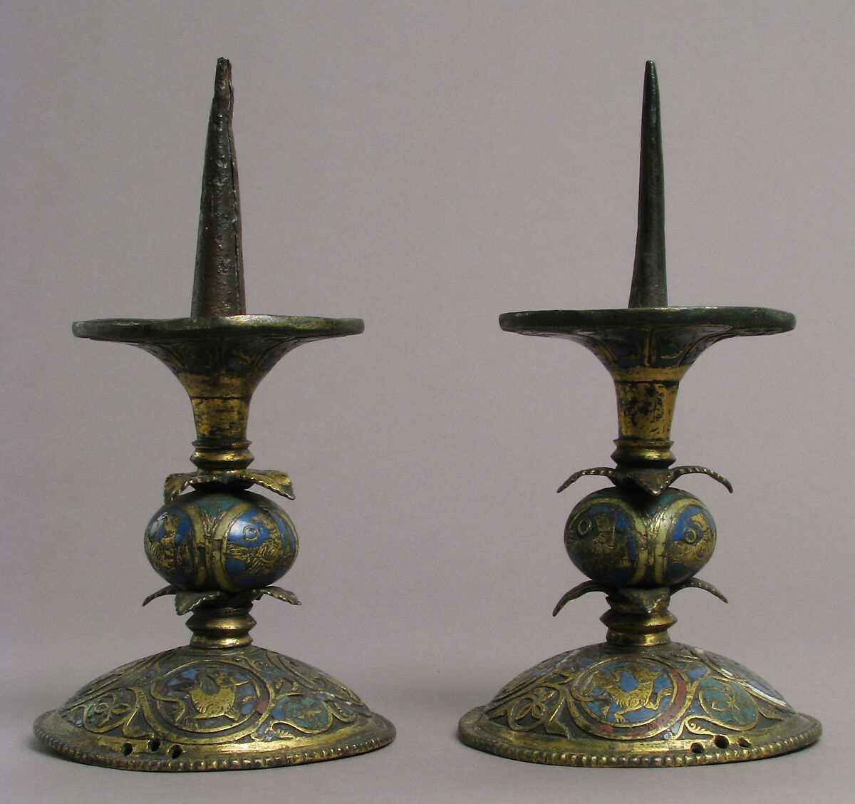 Pricket Candlestick with Birds, Vines, and Leaves, Champlevé enamel, copper-gilt, German