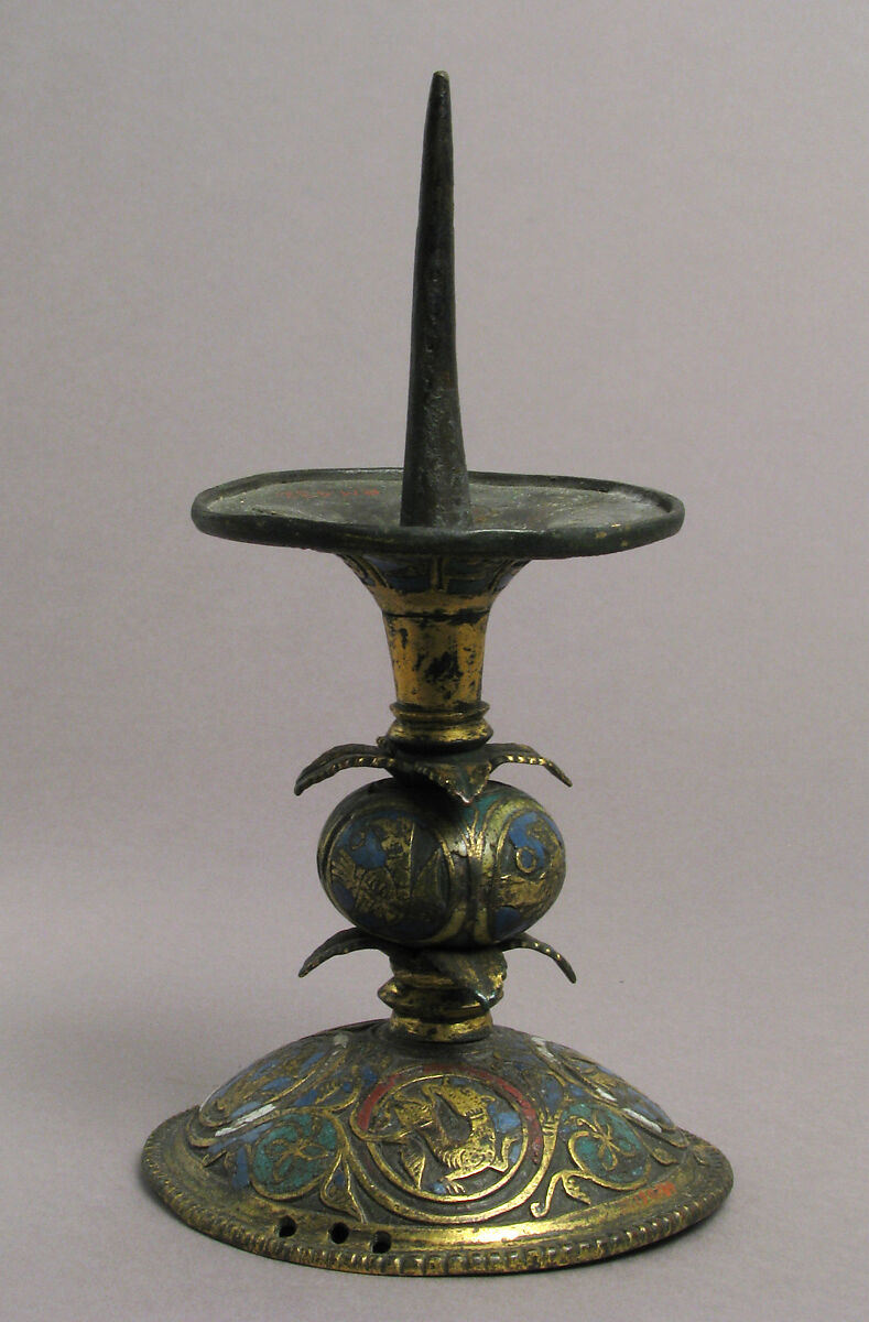 Pricket Candlestick with Birds, Vines, and Leaves, Champlevé enamel, copper-gilt, German 