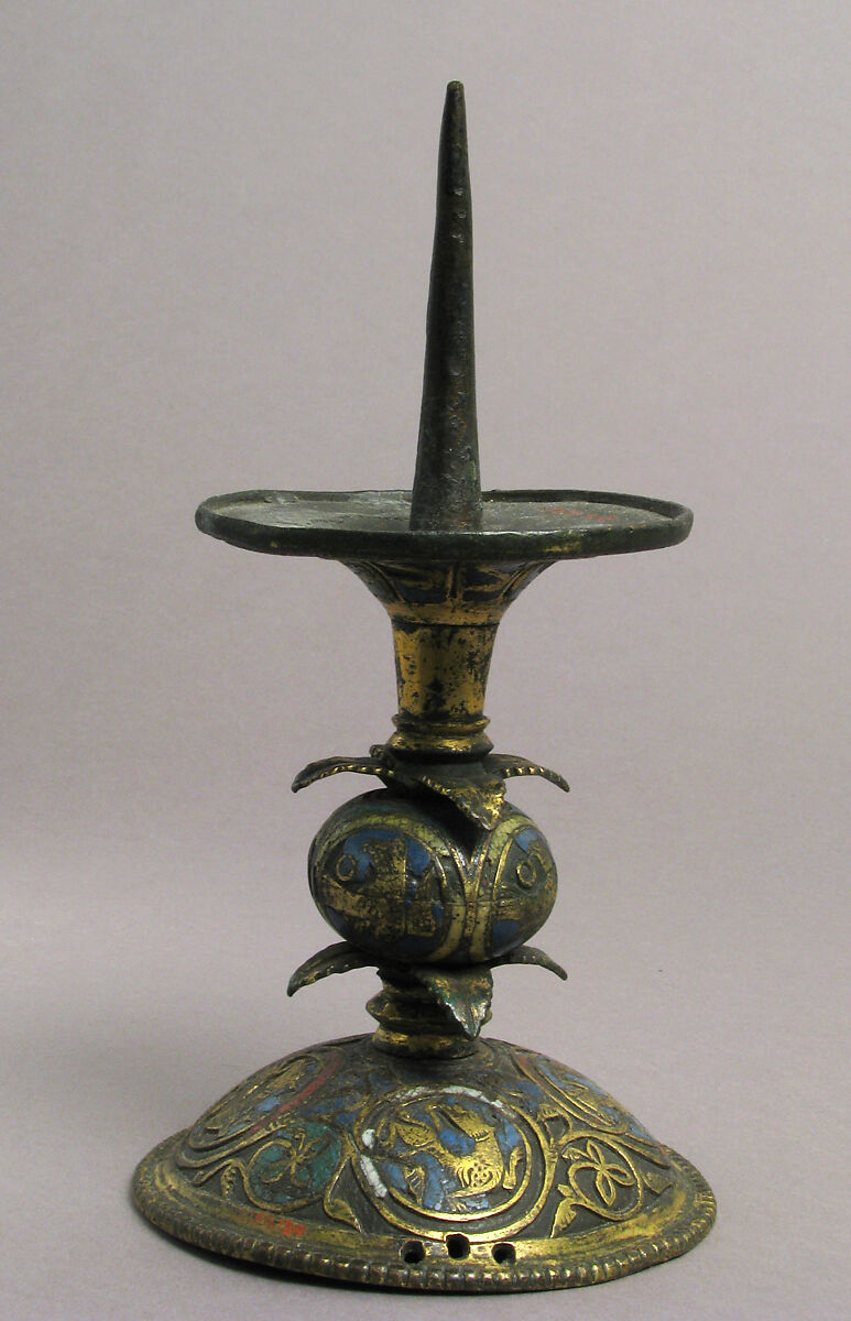 Pricket Candlestick with Birds, Vines, and Leaves, Champlevé enamel, copper-gilt, German