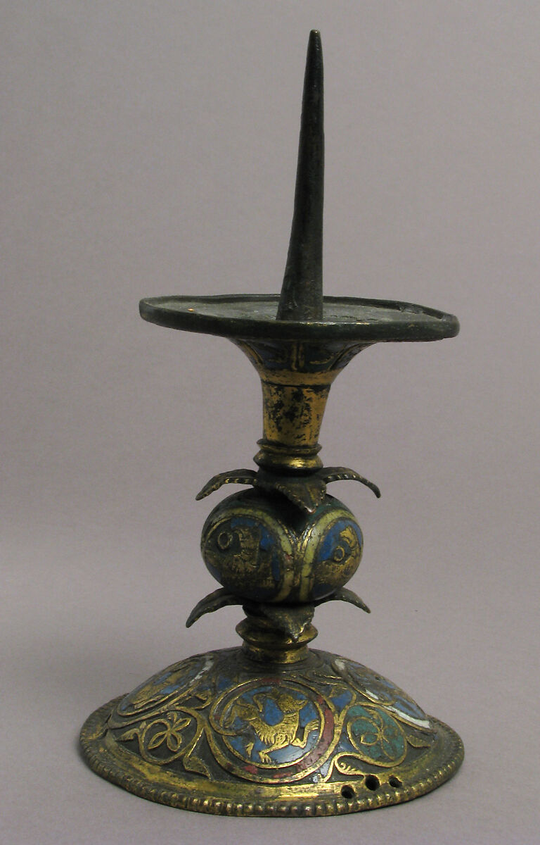 Pricket Candlestick with Birds, Vines, and Leaves, Champlevé enamel, copper-gilt, German