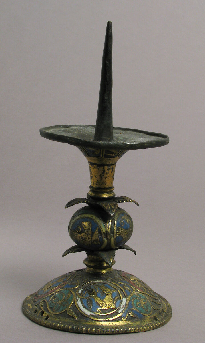 Pricket Candlestick with Birds, Vines, and Leaves, Champlevé enamel, copper-gilt, German