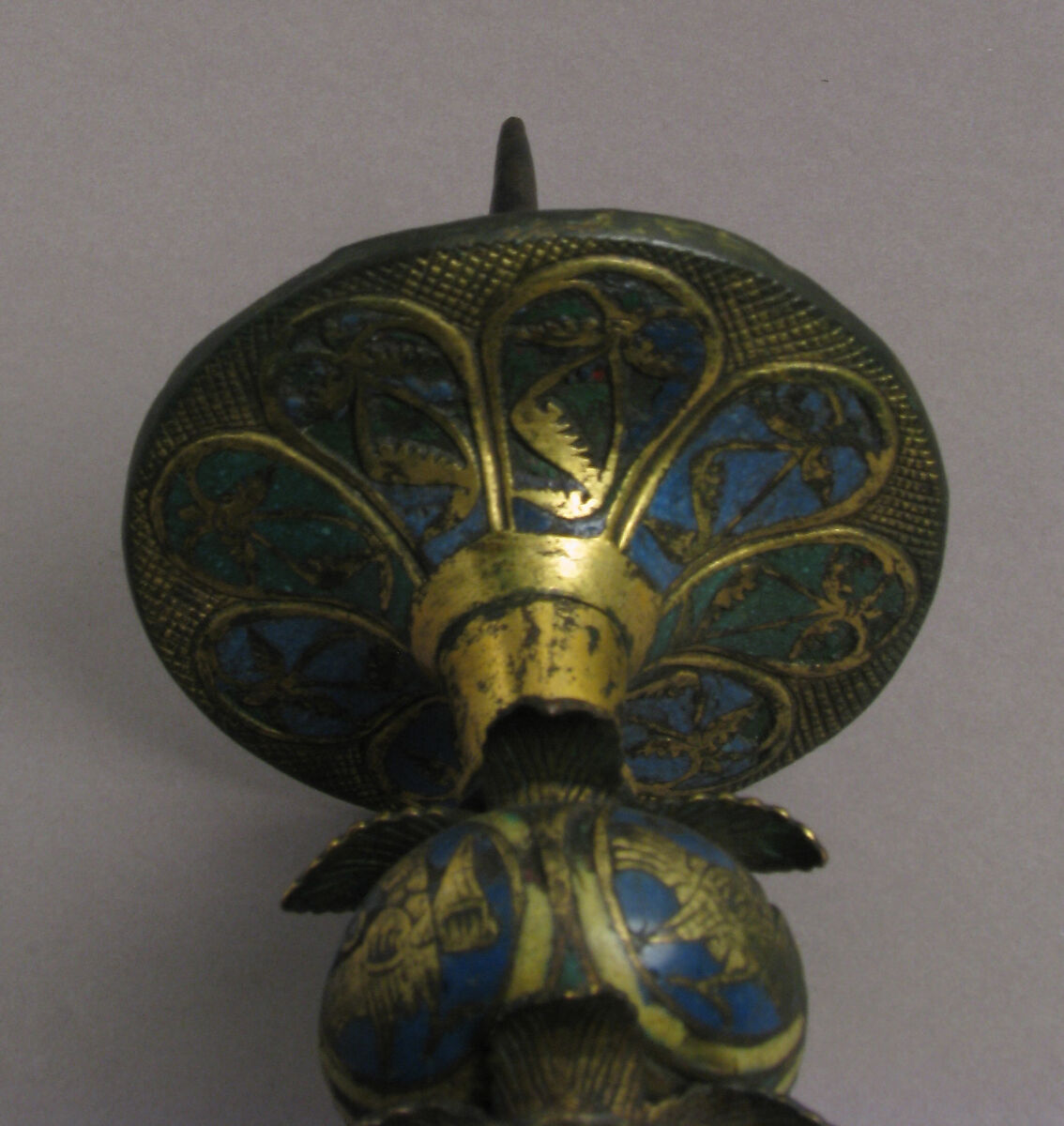 Pricket Candlestick with Birds, Vines, and Leaves, Champlevé enamel, copper-gilt, German