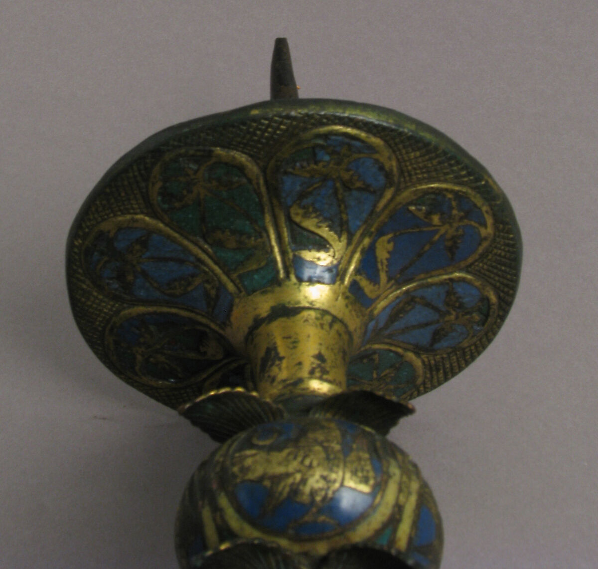 Pricket Candlestick with Birds, Vines, and Leaves, Champlevé enamel, copper-gilt, German