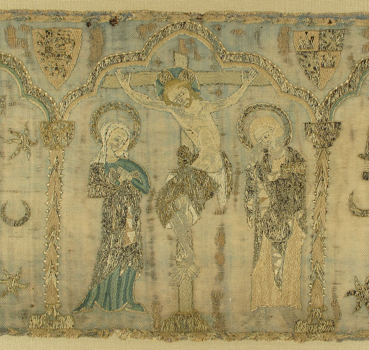 Crucifixion flanked by Saints, Silk, British