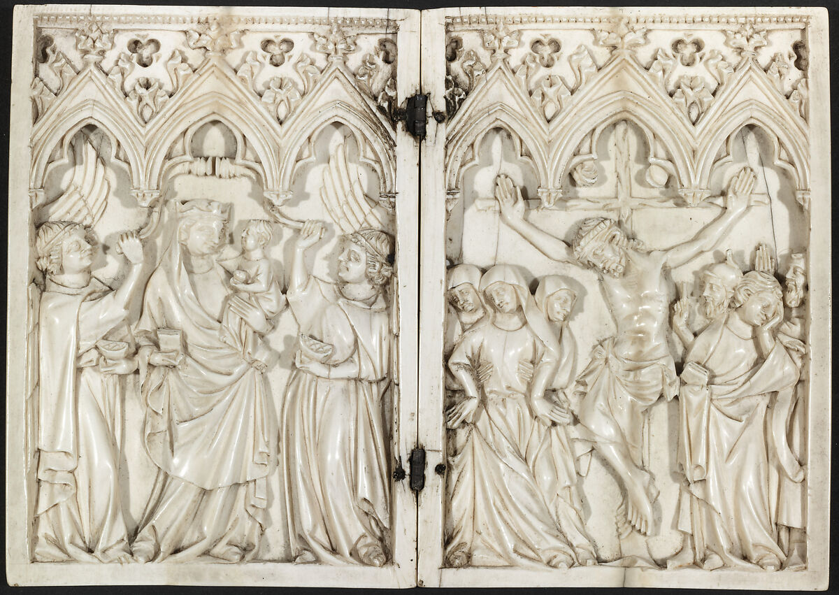 Diptych with the Glorification of the Virgin and the Crucifixion, Elephant ivory with metal mounts, French