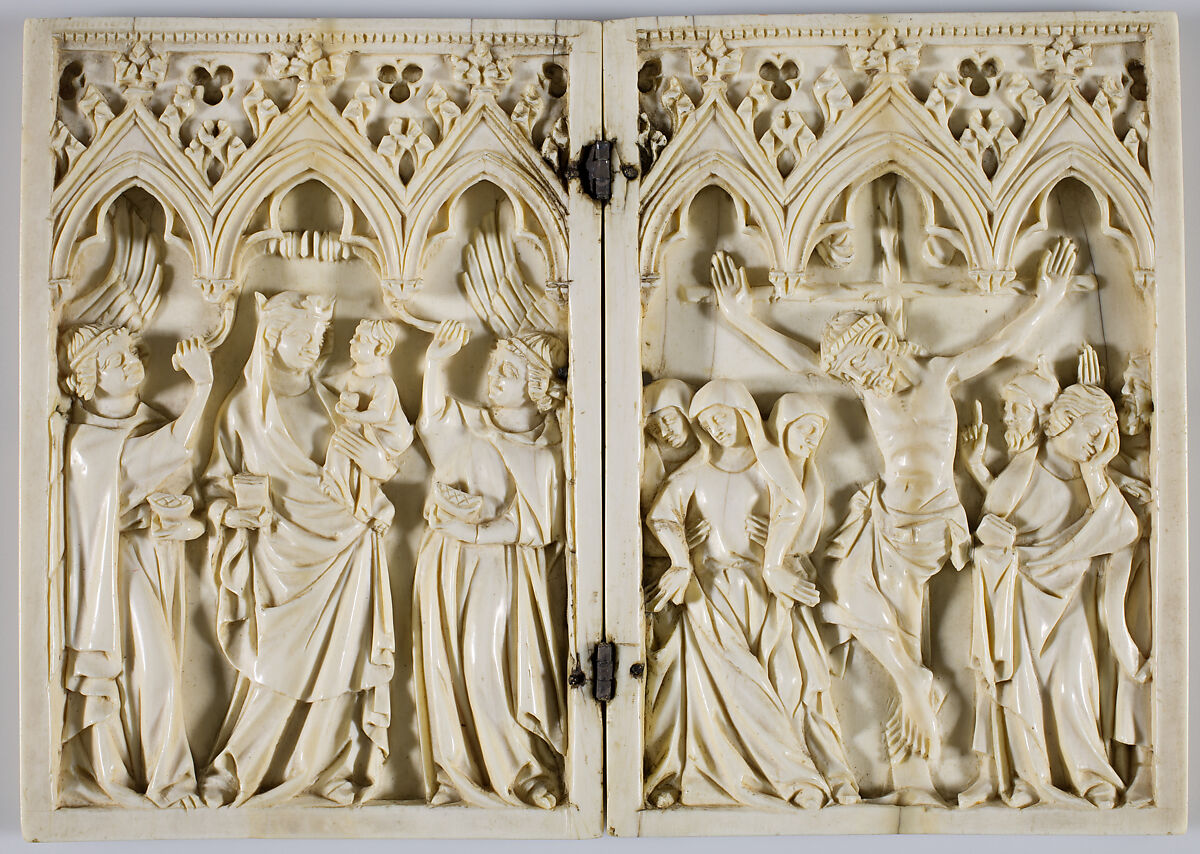 Diptych with the Glorification of the Virgin and the Crucifixion, Elephant ivory with metal mounts, French 