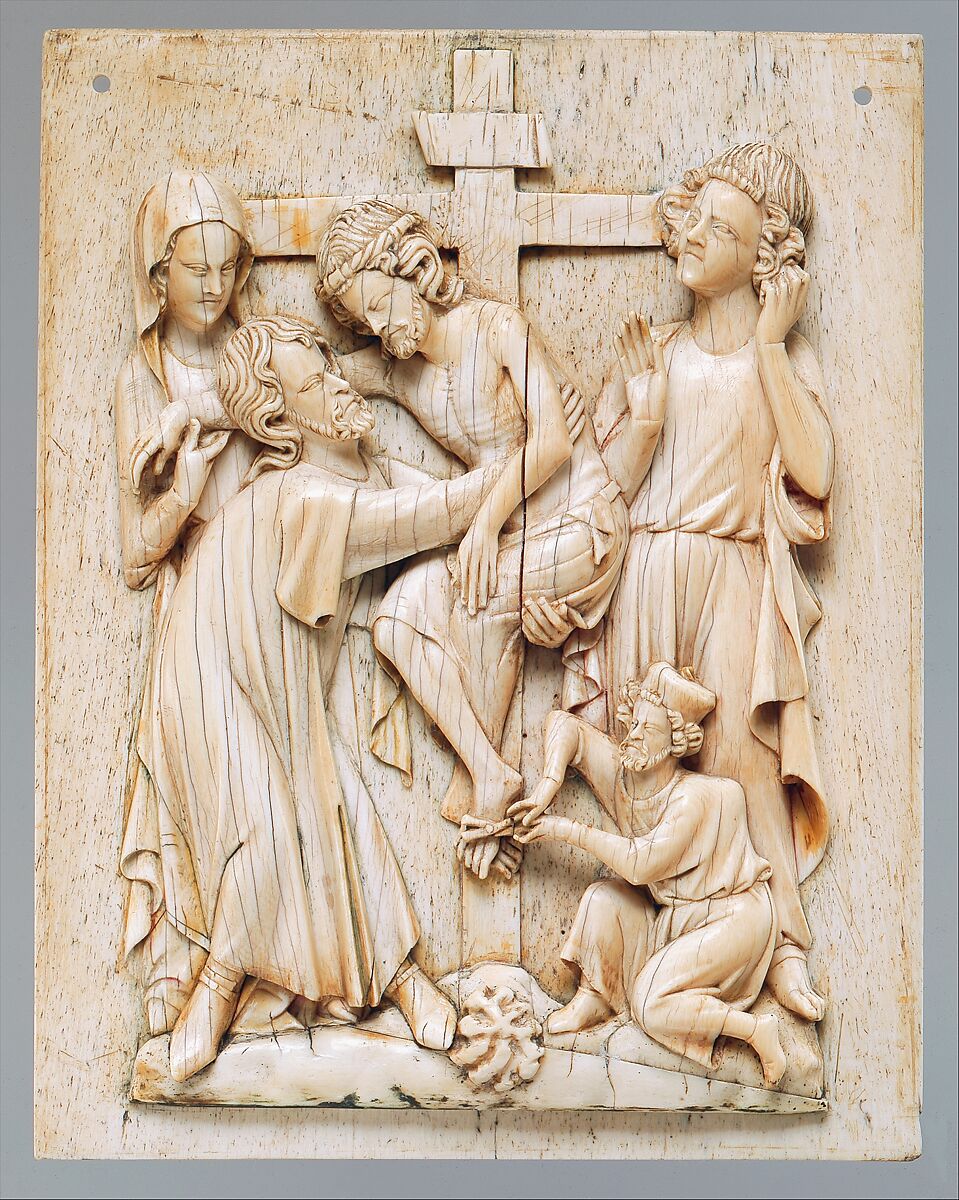 Plaque with the Descent from the Cross, Ivory, whale bone, traces of paint and gilding, French 