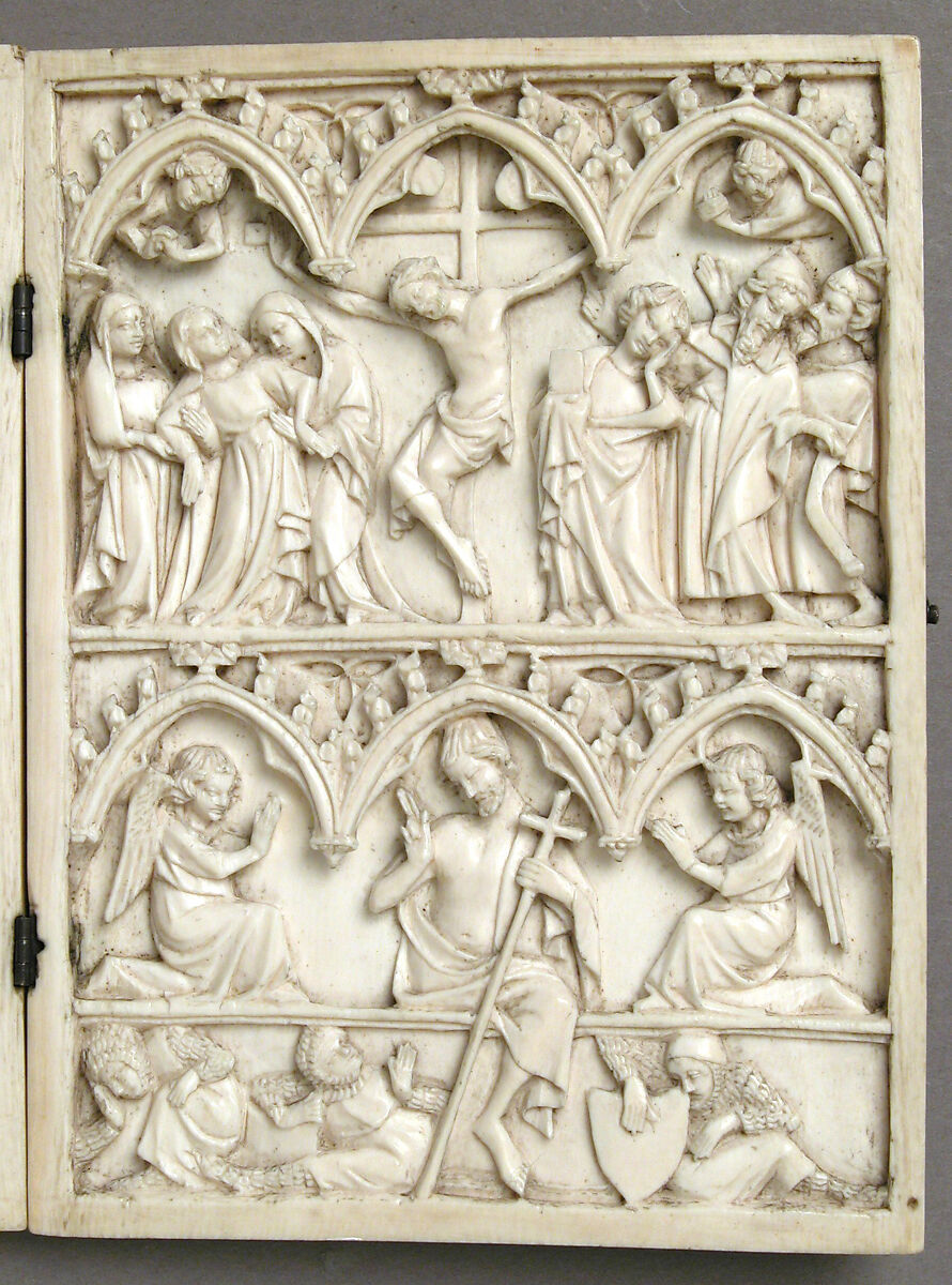 Diptych with the Entry into Jerusalem, Crucifixion, Entombment, and Resurrection, Elephant ivory with metal mounts, French