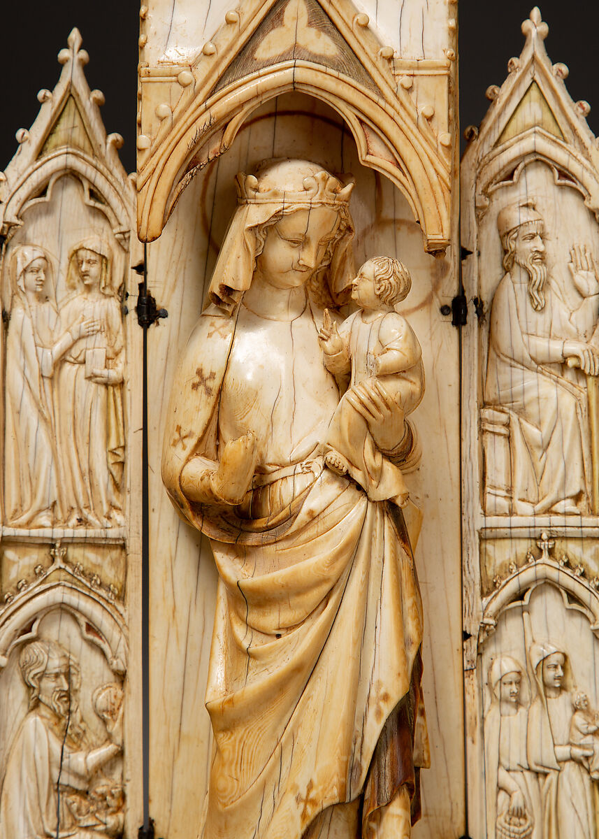 Folding Shrine with the Virgin and Child, Elephant ivory with metal mounts, French
