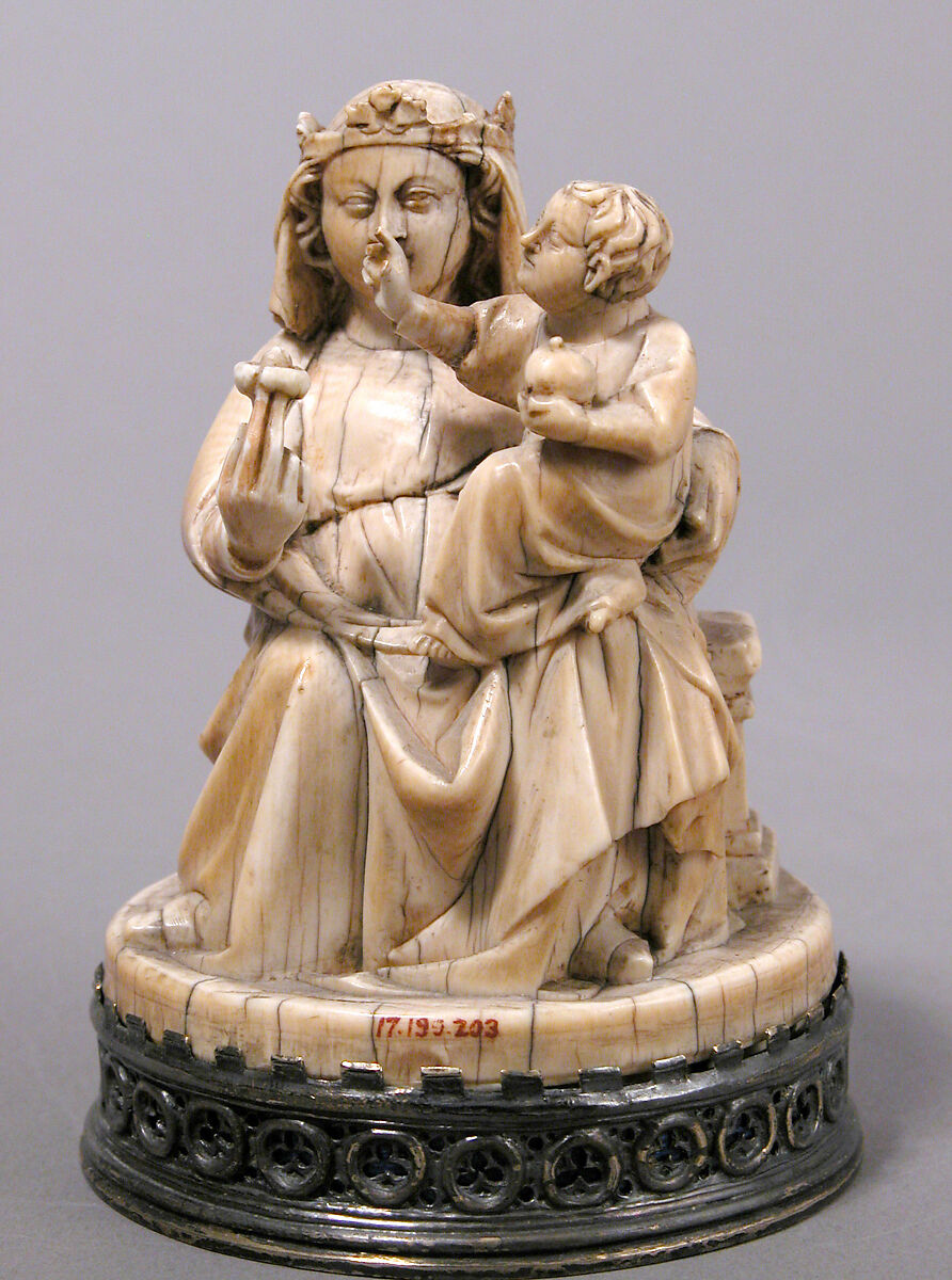 Virgin and Child with an Apple and a Rose, Elephant ivory, modern silver, partial-gilt & translucent enamel base, German