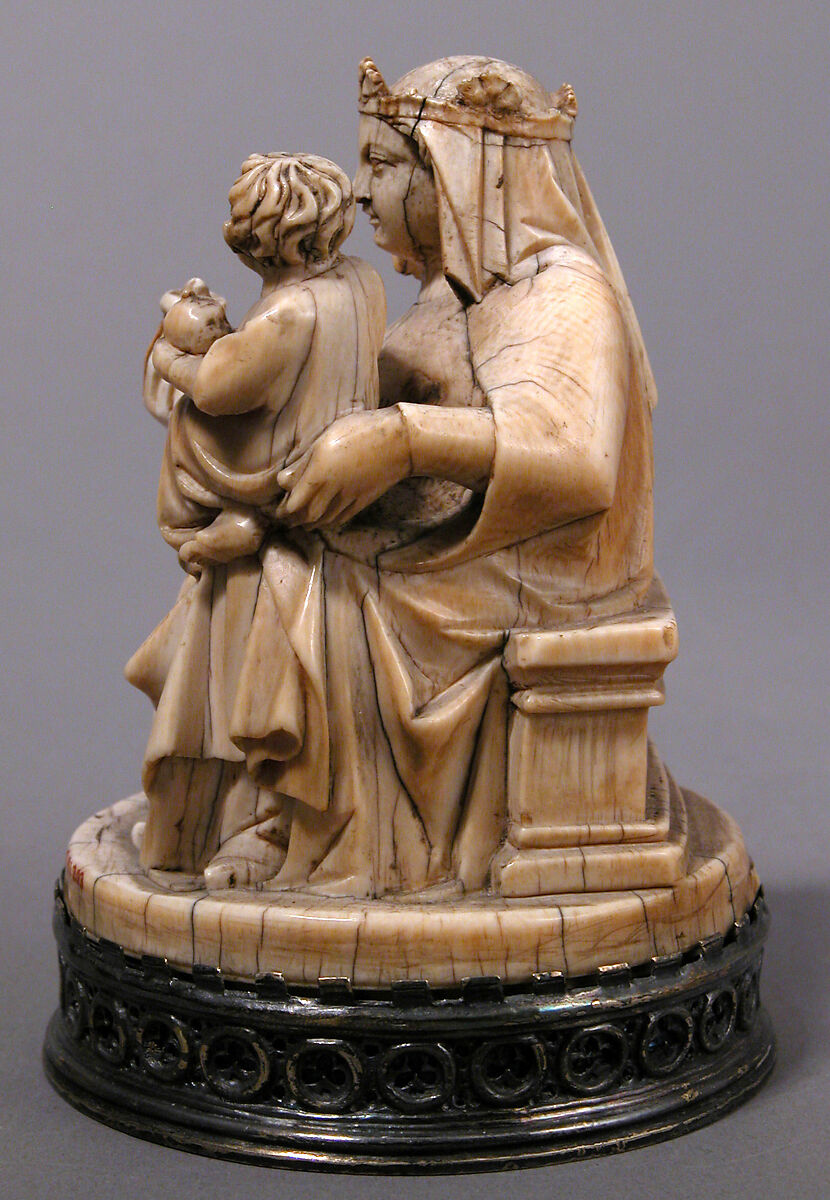 Virgin and Child with an Apple and a Rose, Elephant ivory, modern silver, partial-gilt & translucent enamel base, German