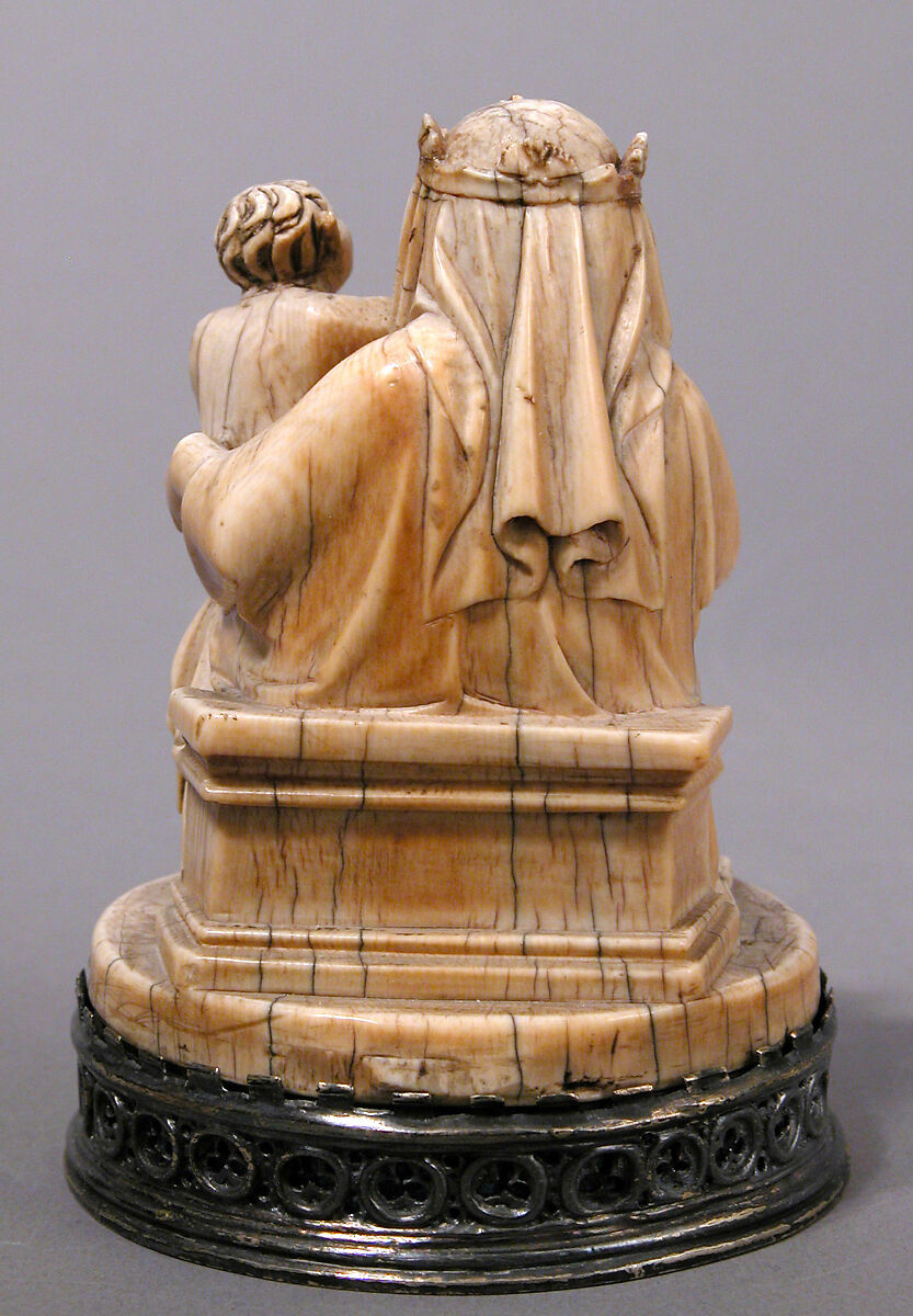 Virgin and Child with an Apple and a Rose, Elephant ivory, modern silver, partial-gilt & translucent enamel base, German