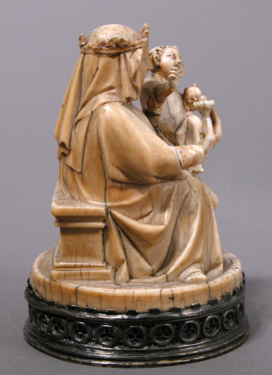 Virgin and Child with an Apple and a Rose, Elephant ivory, modern silver, partial-gilt & translucent enamel base, German