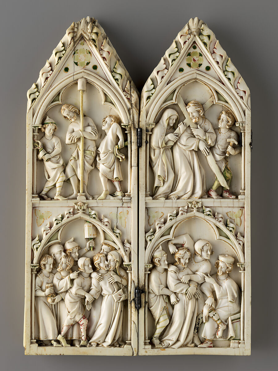 Folding Devotional Shrine with Scenes from Christ's Passion, Elephant Ivory, with modern paint, gilding, and metal mounts, French or German