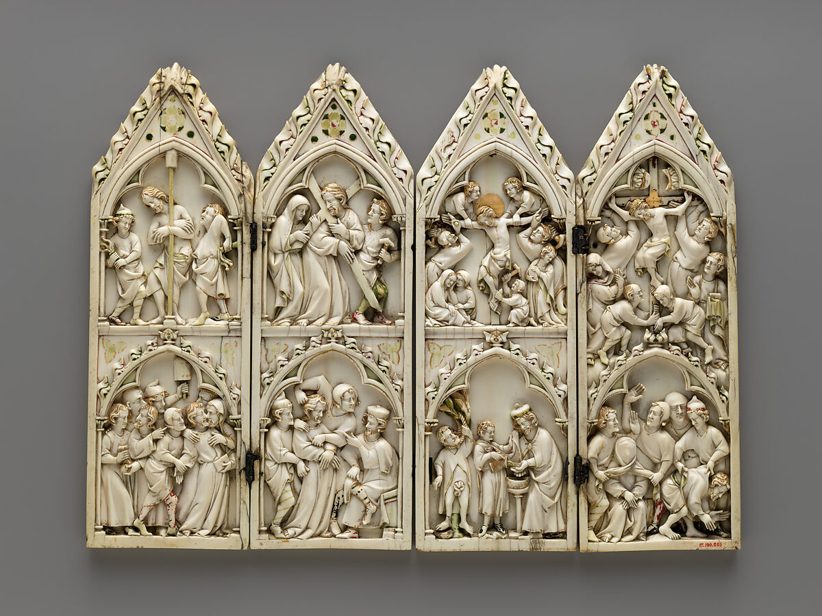 Folding Devotional Shrine with Scenes from Christ's Passion, Elephant Ivory, with modern paint, gilding, and metal mounts, French or German
