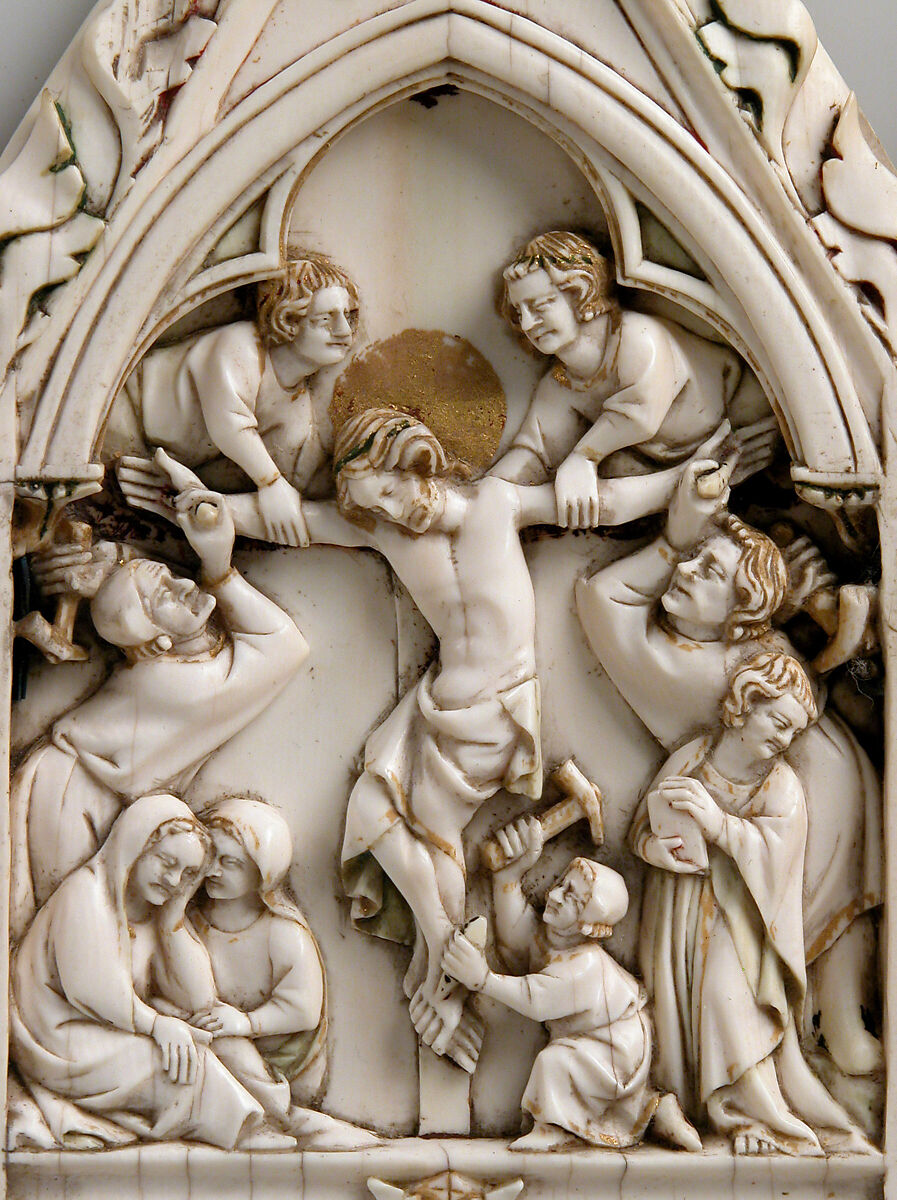 Folding Devotional Shrine with Scenes from Christ's Passion, Elephant Ivory, with modern paint, gilding, and metal mounts, French or German