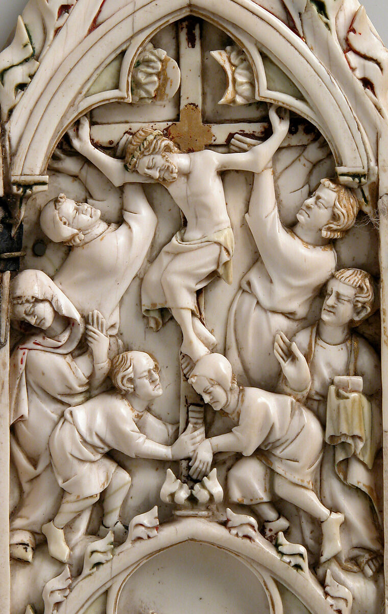 Folding Devotional Shrine with Scenes from Christ's Passion, Elephant Ivory, with modern paint, gilding, and metal mounts, French or German