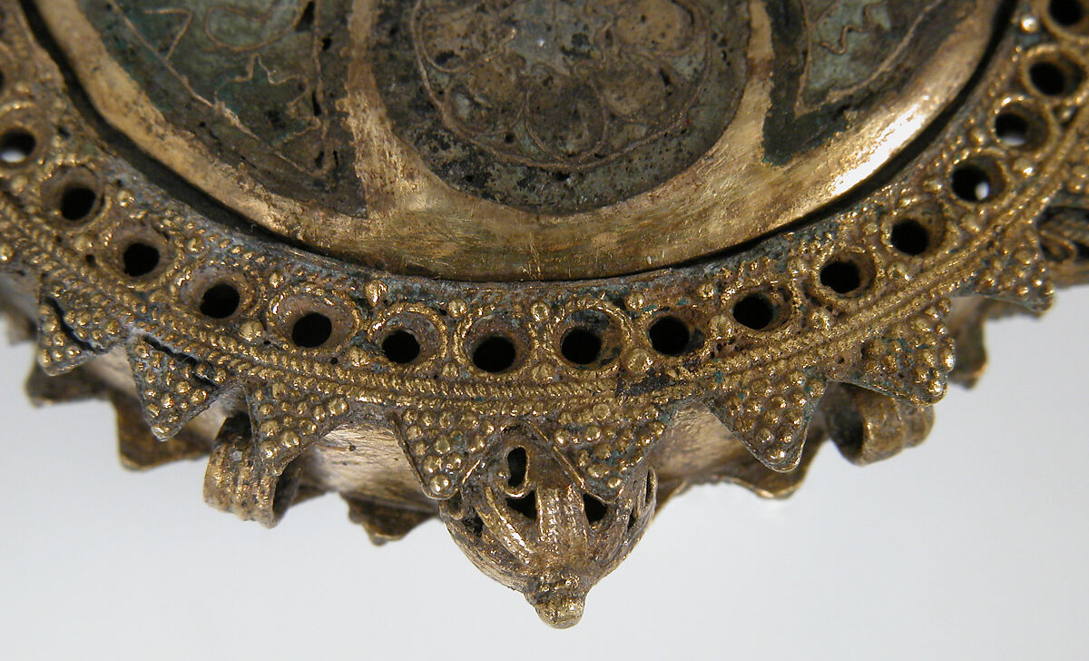 One of a Pair of Crescent-Shaped Earrings with Rosettes, Cloisonné enamel, silver gilt, Kyivan Rus’ or Byzantine