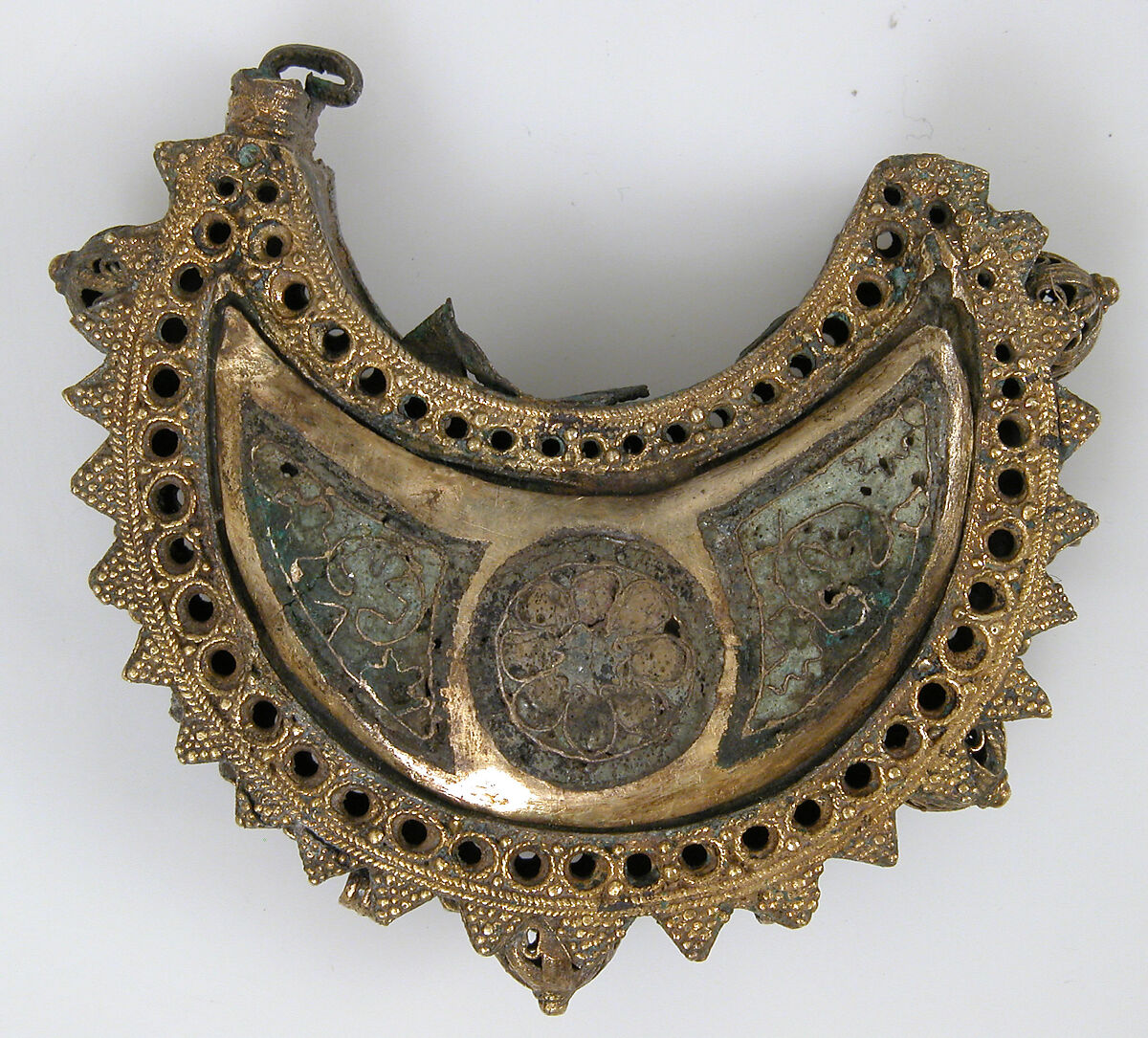 One of a Pair of Crescent-Shaped Earrings with Rosettes, Cloisonné enamel, silver gilt, Kyivan Rus’ or Byzantine 