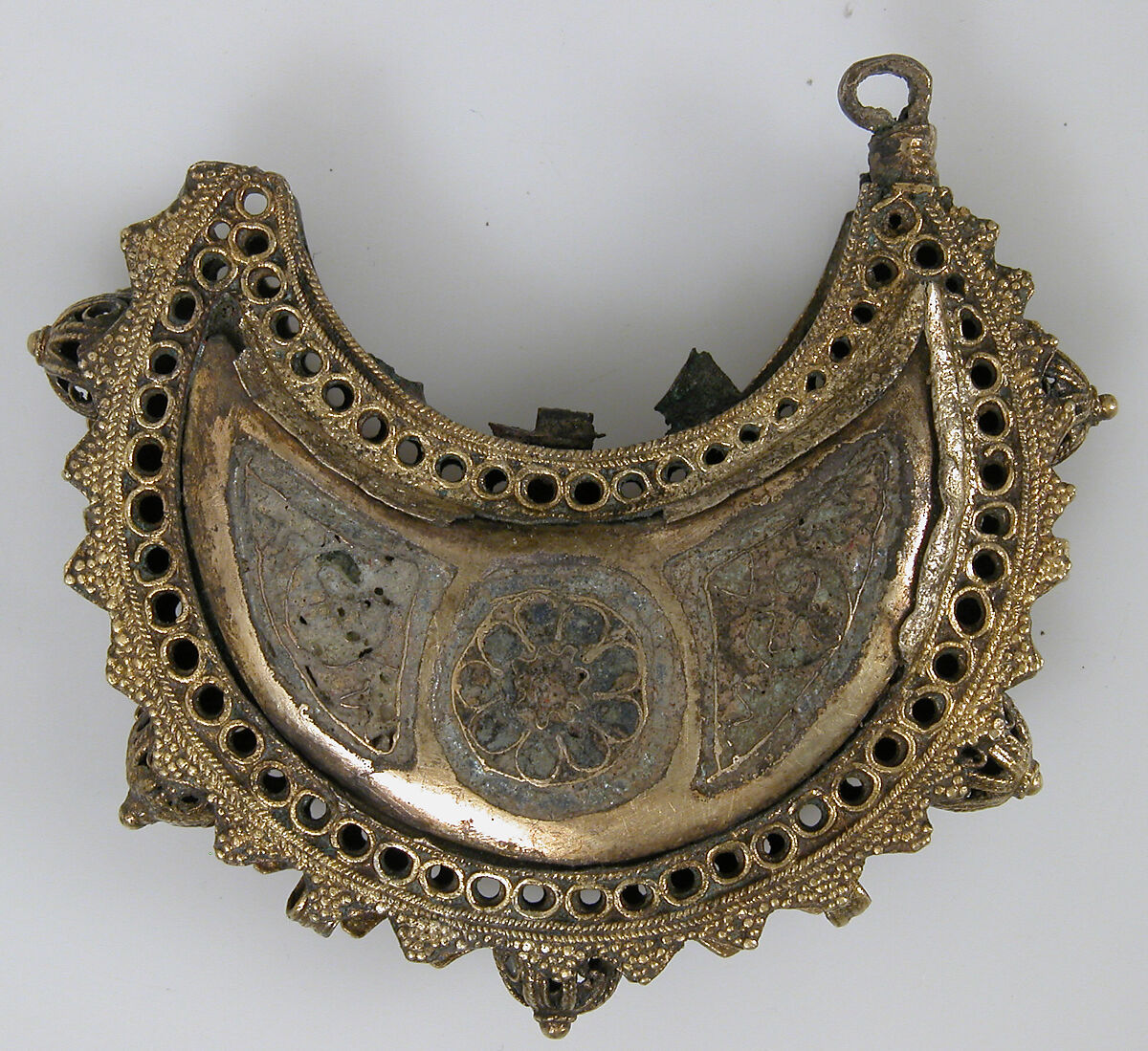 One of a Pair of Crescent-Shaped Earrings with Rosettes, Cloisonné enamel, gold, Kyivan Rus’ or Byzantine 