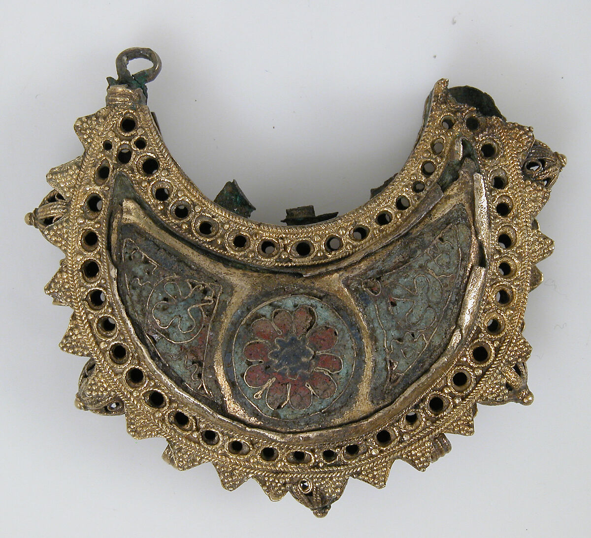 One of a Pair of Crescent-Shaped Earrings with Rosettes, Cloisonné enamel, gold, Kyivan Rus’ or Byzantine