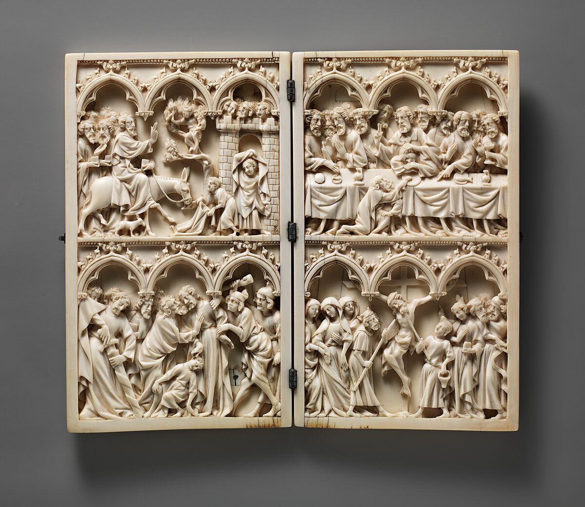 Diptych with Scenes from the Passion, Elephant ivory with metal mounts, French 