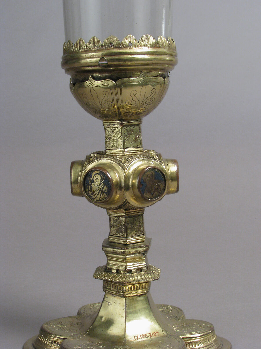 Reliquary, Copper-gilt, champlevé enamels, glass, Italian