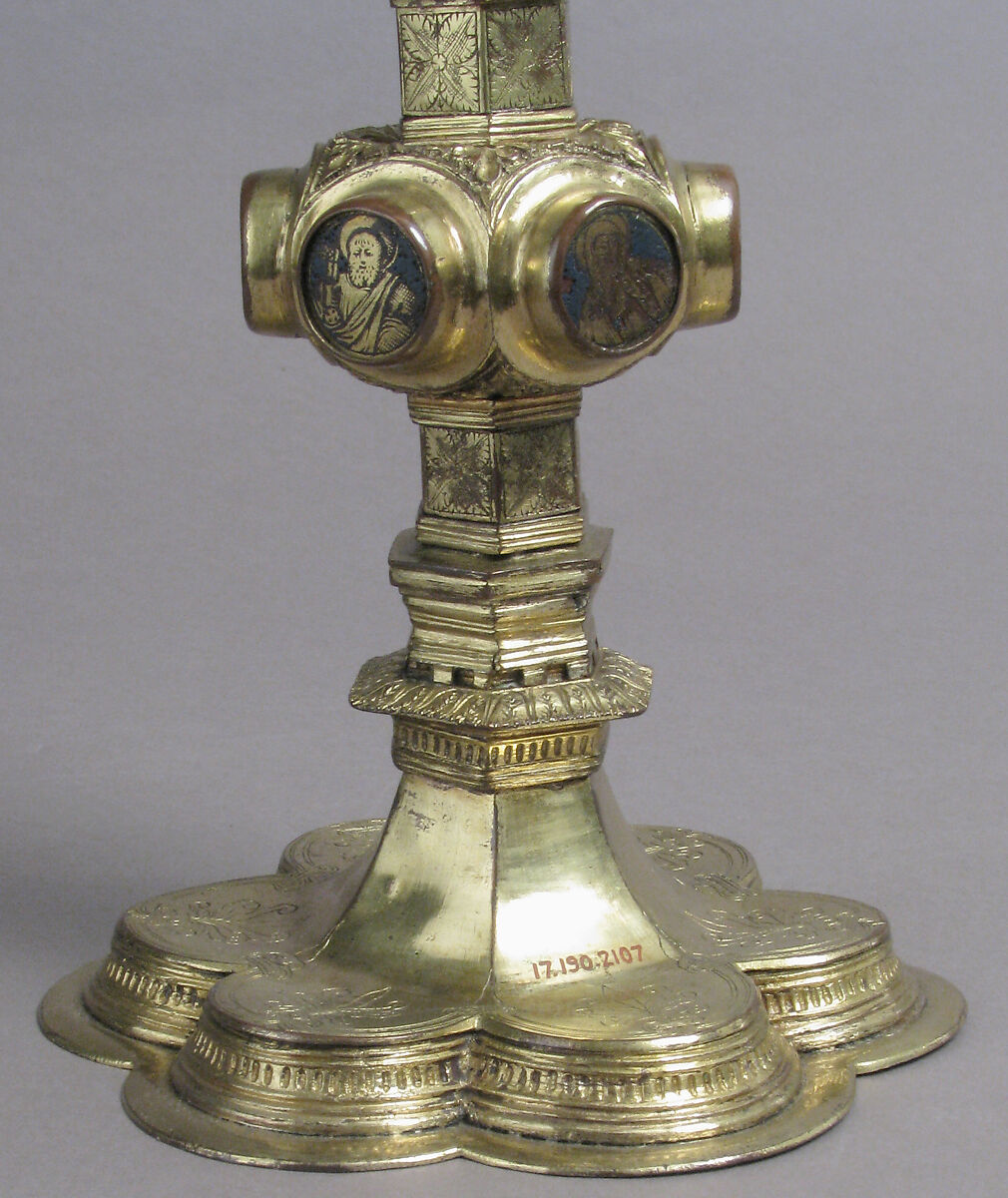 Reliquary, Copper-gilt, champlevé enamels, glass, Italian