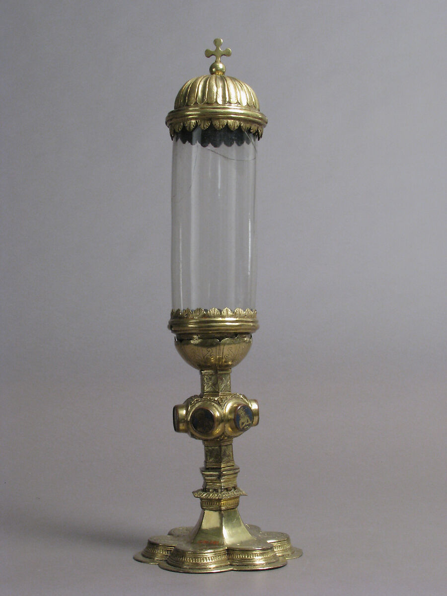 Reliquary, Copper-gilt, champlevé enamels, glass, Italian 