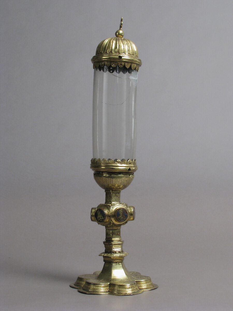Reliquary, Copper-gilt, champlevé enamels, glass, Italian