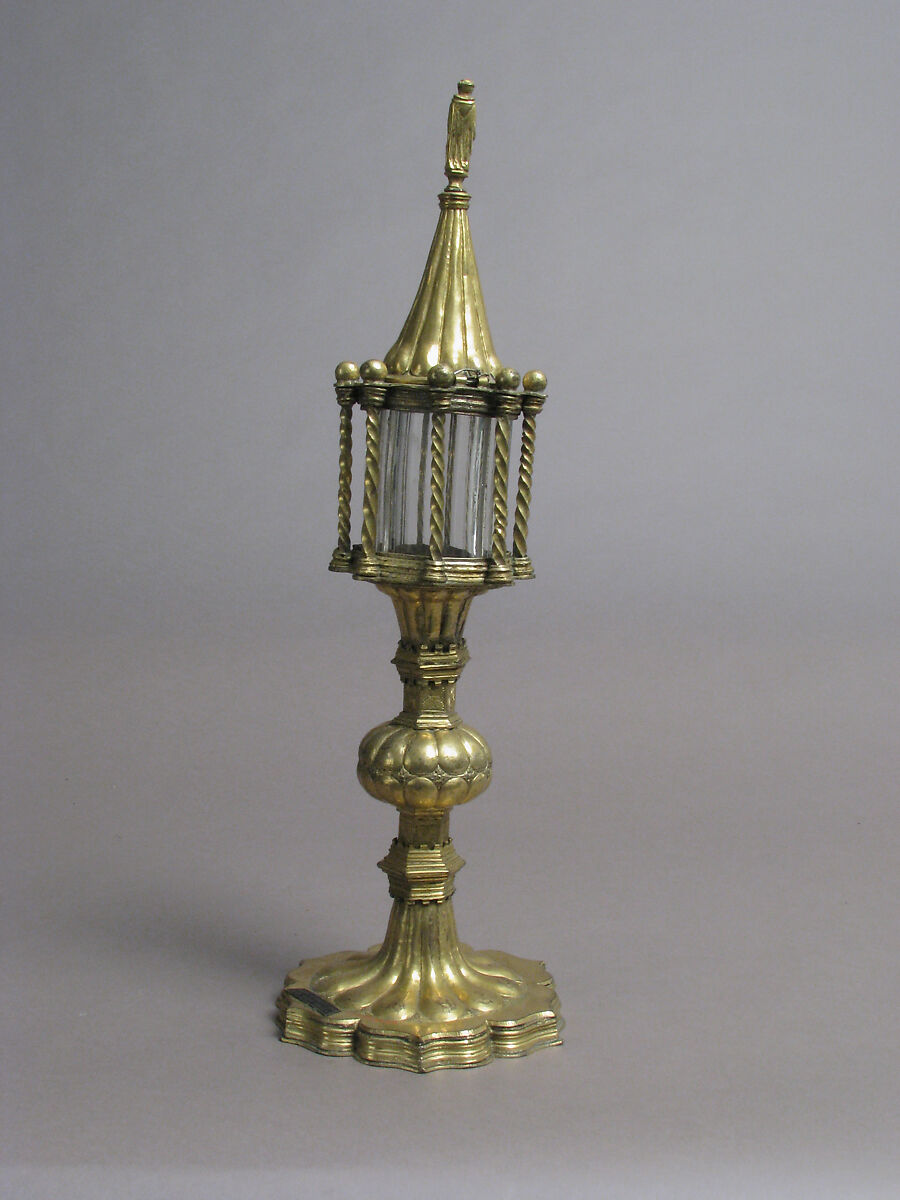 Reliquary, Copper-gilt, rock crystal, silver and niello plaque, Italian