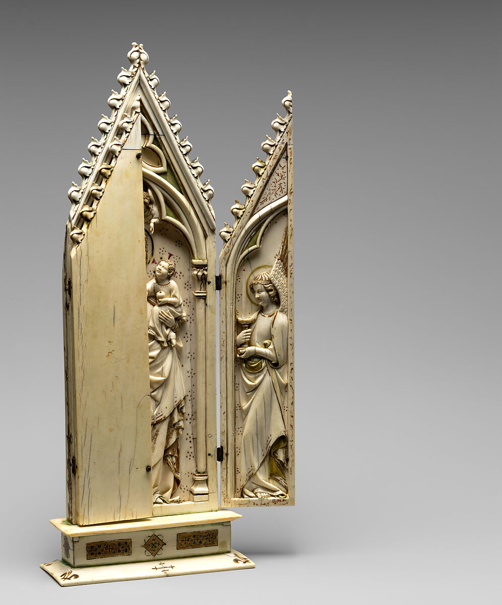 Triptych with the Coronation of the Virgin, Elephant ivory with polychromy, gilded decoration, and metal mounts, German