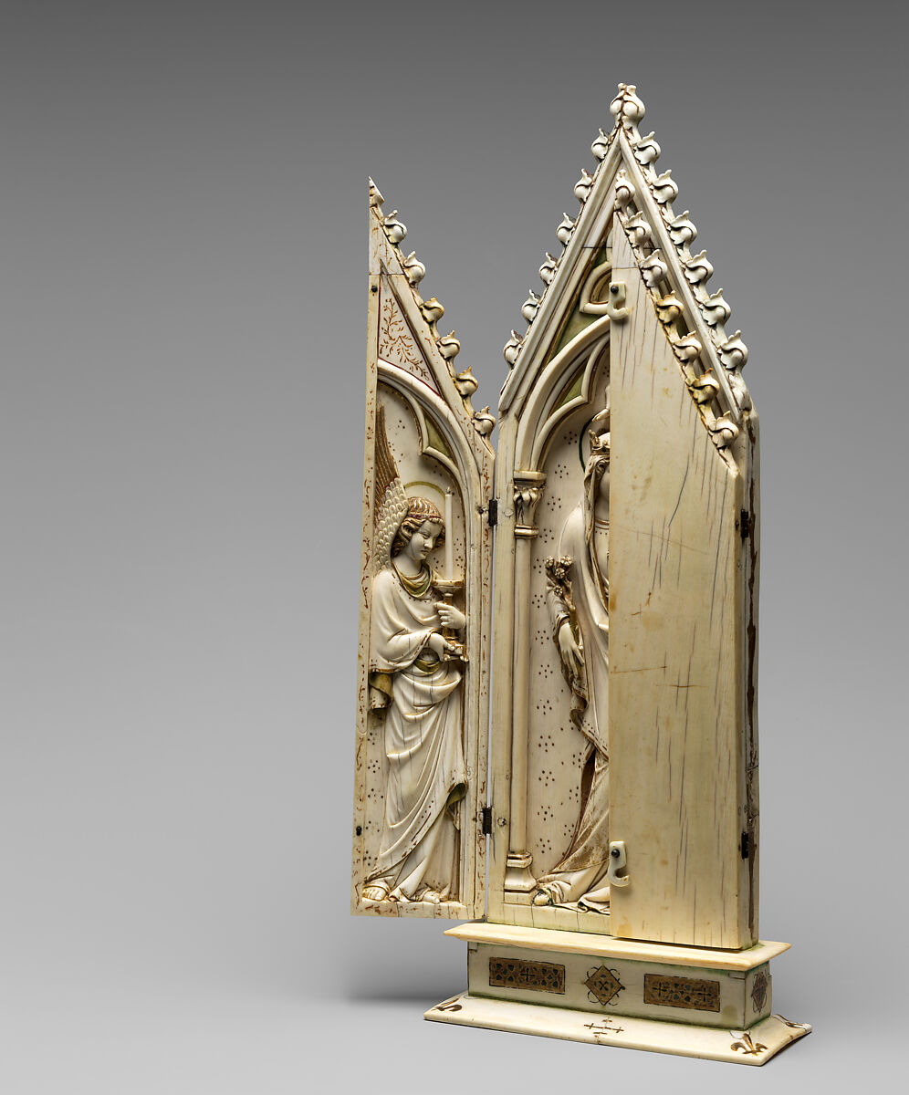 Triptych with the Coronation of the Virgin, Elephant ivory with polychromy, gilded decoration, and metal mounts, German