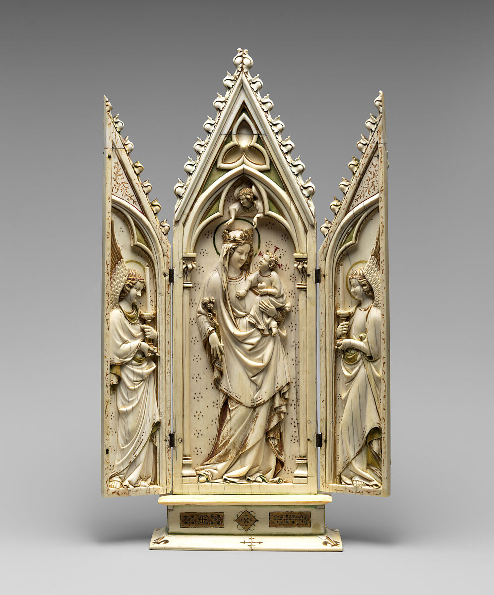 Triptych with the Coronation of the Virgin, Ivory with polychromy and gilt decorations and metal mounts, German 