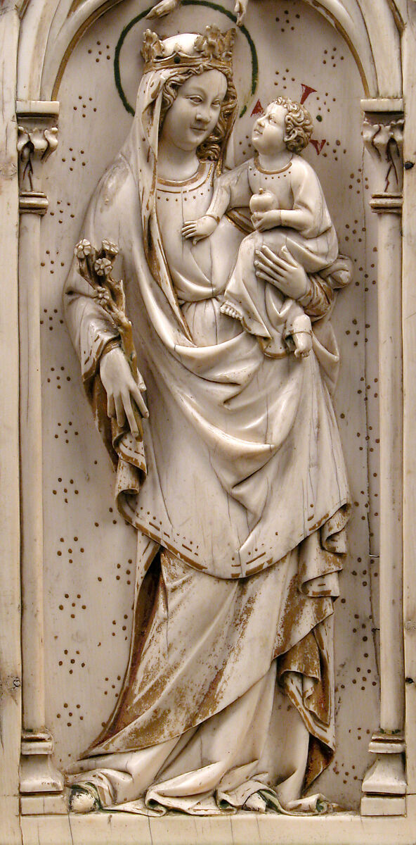 Triptych with the Coronation of the Virgin, Elephant ivory with polychromy, gilded decoration, and metal mounts, German