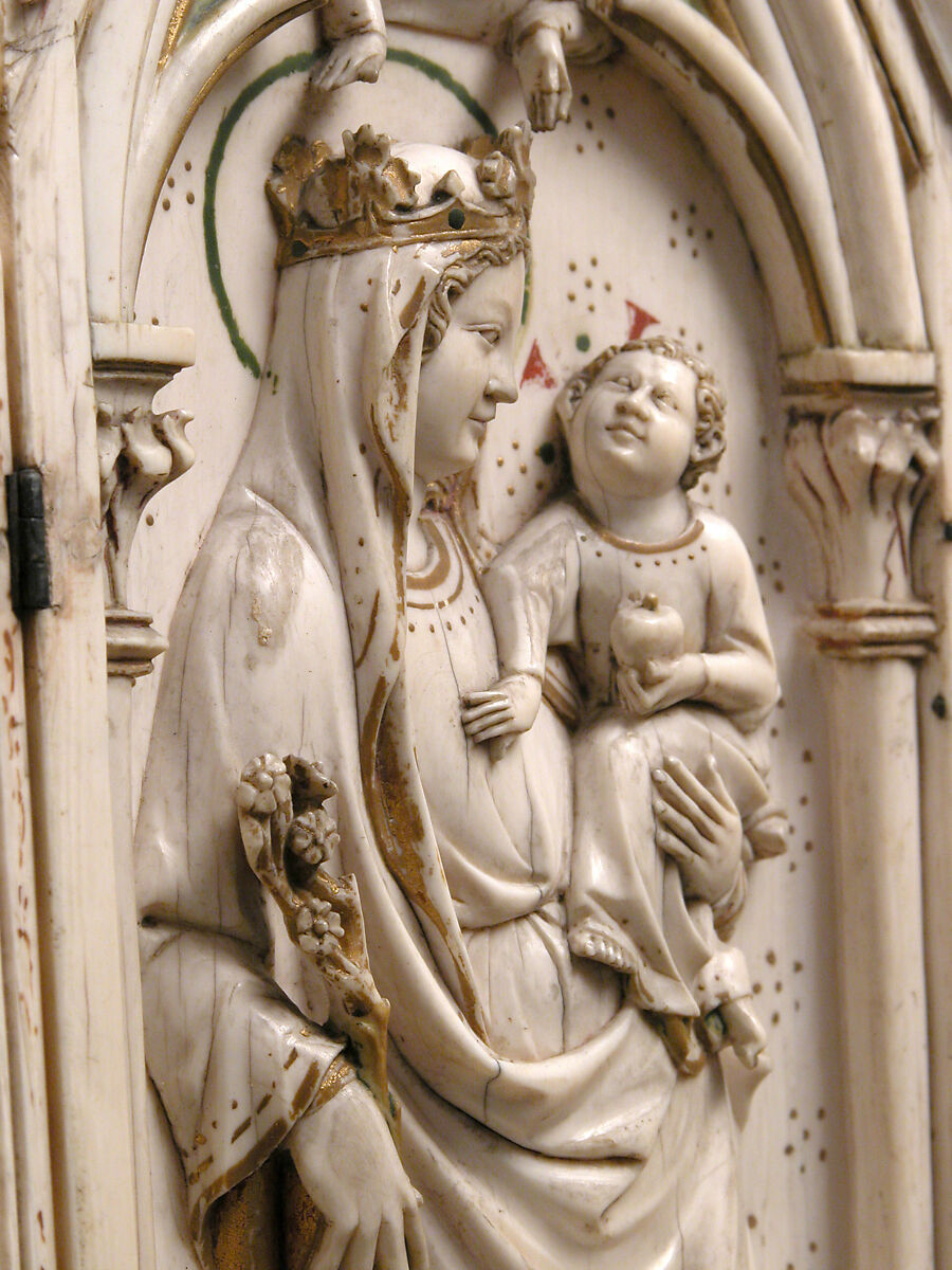 Triptych with the Coronation of the Virgin, Elephant ivory with polychromy, gilded decoration, and metal mounts, German