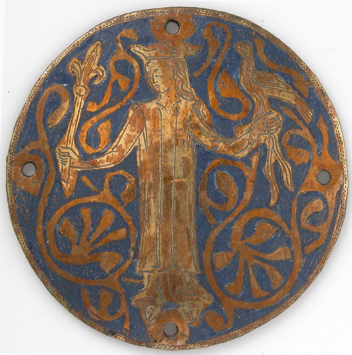 Medallion with a Queen Holding a Scepter and Falcon, Copper: engraved and gilt; champlevé enamel: medium and light blue and white, French 
