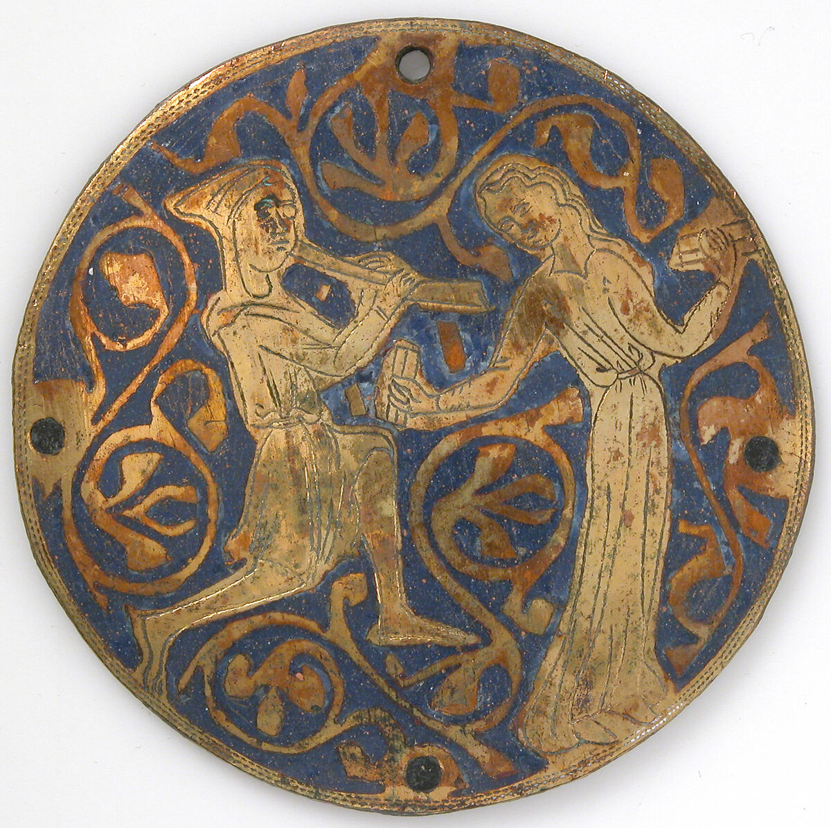 Medallion with Youth Playing Pipe for Dancing Woman with Castanets, Copper: engraved and gilt; champlevé enamel: medium and light blue and white, French 