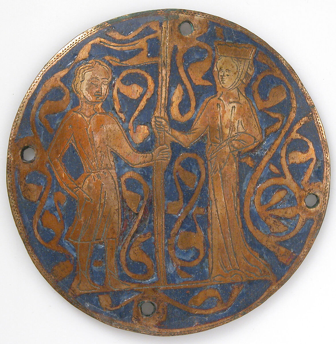 Medallion with man and woman holding standard, Copper: engraved and gilt; champlevé enamel: medium and light blue and white, French 