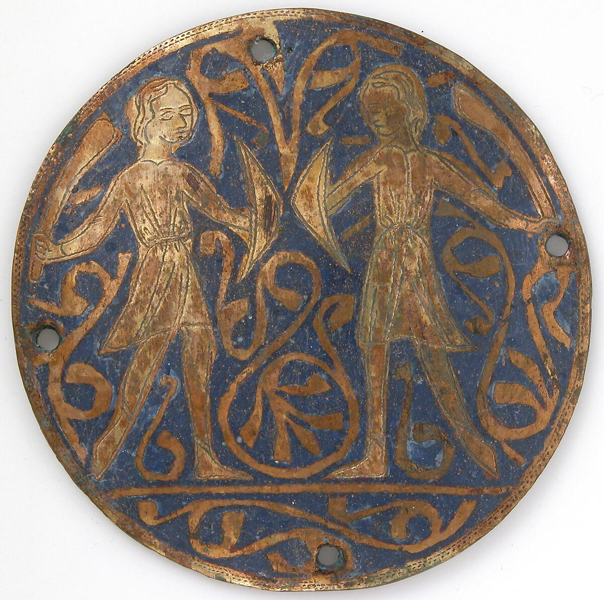 Medallion with Two Young Warriors with Falchions and Bucklers, Copper: engraved and gilt; champlevé enamel: medium and light blue and white, French 
