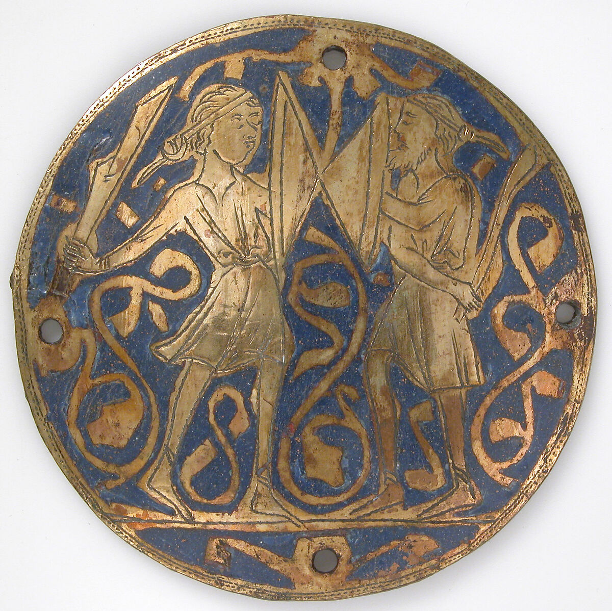 Medallion with Two Warriors, One Bearded, with Swords and Bucklers, Copper: engraved and gilt; champlevé enamel: medium and light blue and white, French 