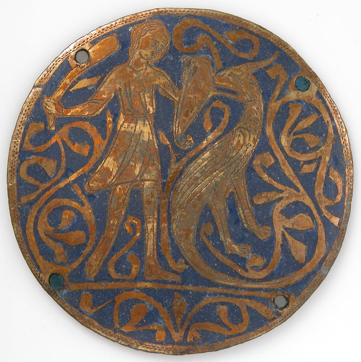 Medallion with Man Fighting Basilisk, Copper: engraved and gilt; champlevé enamel: medium and light blue and white, French 