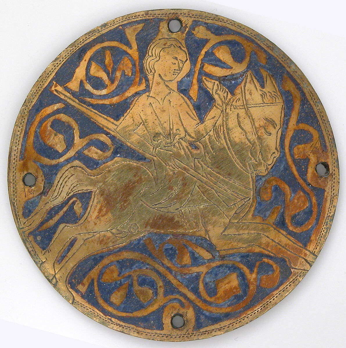 Medallion with Youth on Galloping Horse, Copper: engraved and gilt; champlevé enamel: medium and light blue and white, French 