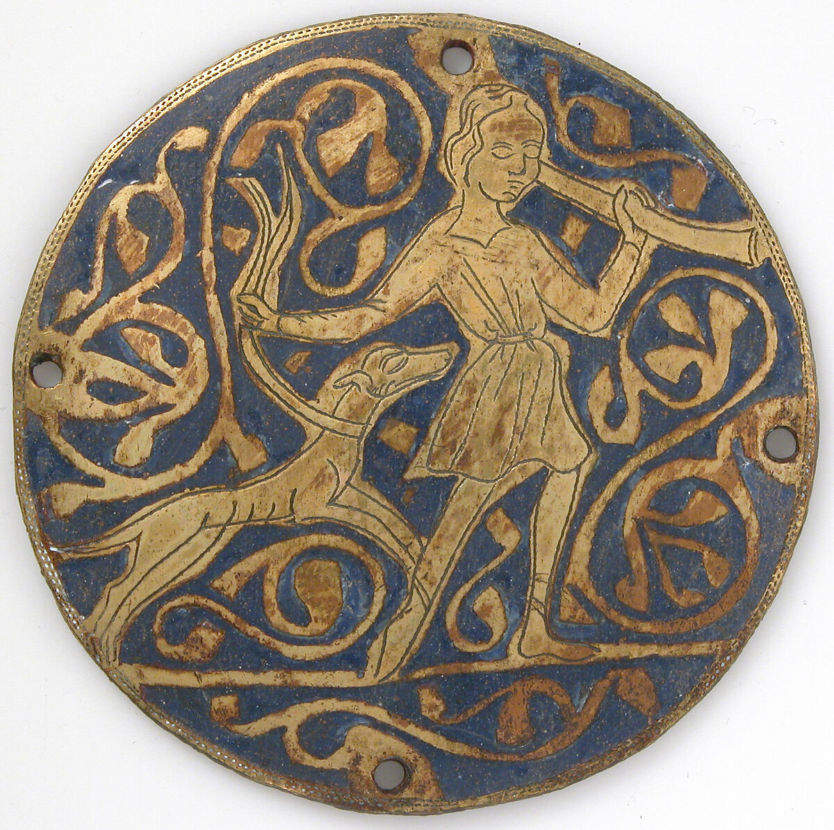 Medallion with Varlet with Horn and Hound, Copper: engraved and gilt; champlevé enamel: medium and light blue and white, French 