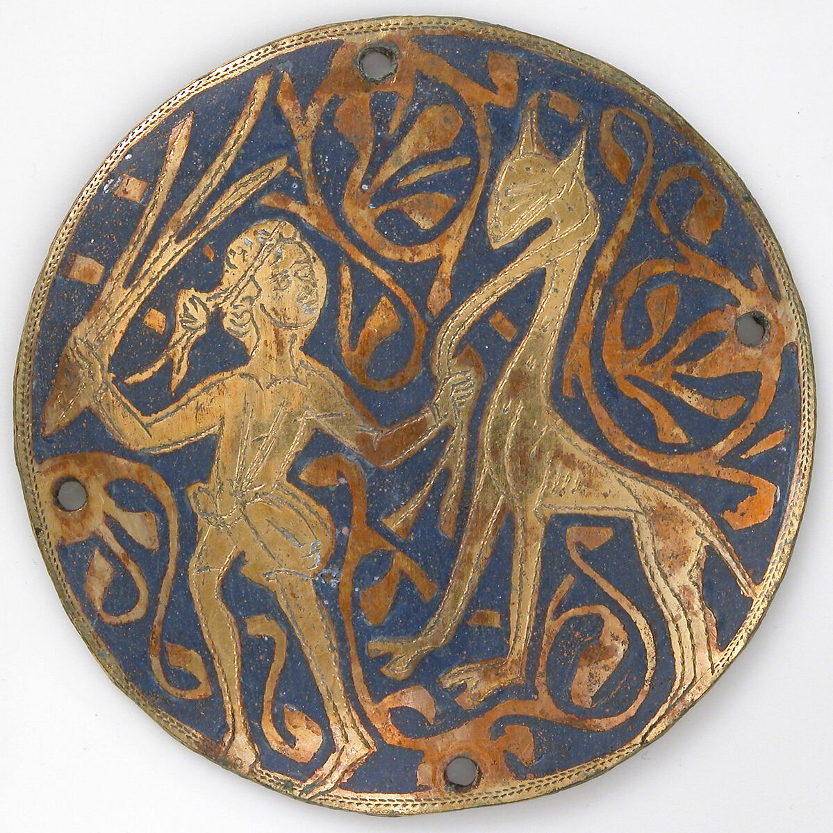 Medallion with Youth Leading Long-necked Animal, Copper: engraved and gilt; champlevé enamel: medium and light blue and white, French 