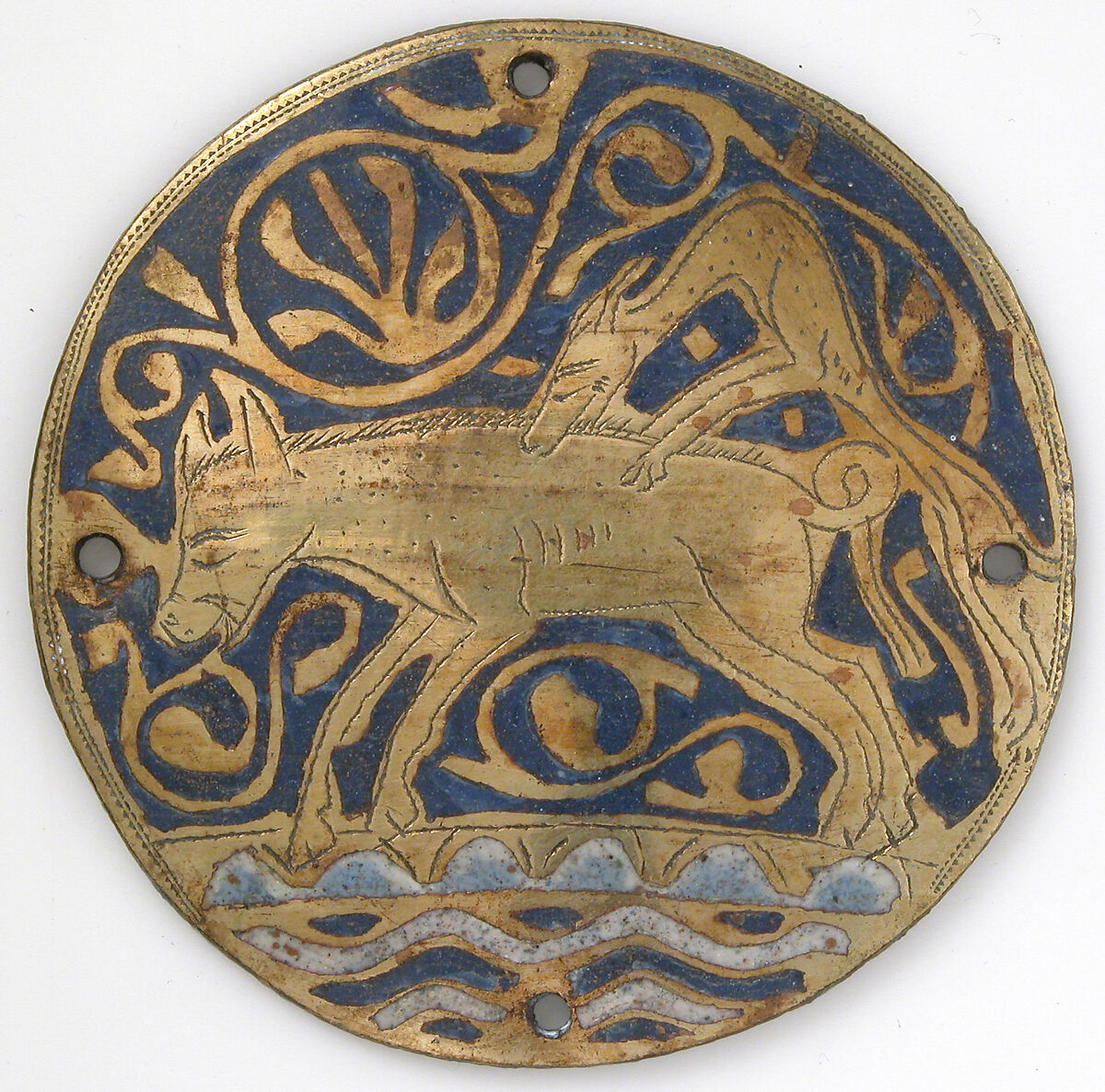 Medallion with Hunting Dog Attacking Boar Crossing Water, Copper: engraved and gilt; champlevé enamel: medium and light blue and white, French 