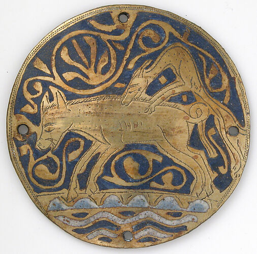 Medallion with Hunting Dog Attacking Boar Crossing Water