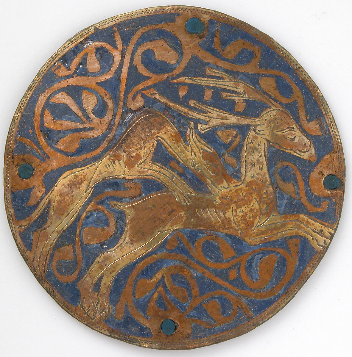 Medallion with Hound Attacking Stag, Copper: engraved and gilt; champlevé enamel: medium and light blue and white, French 