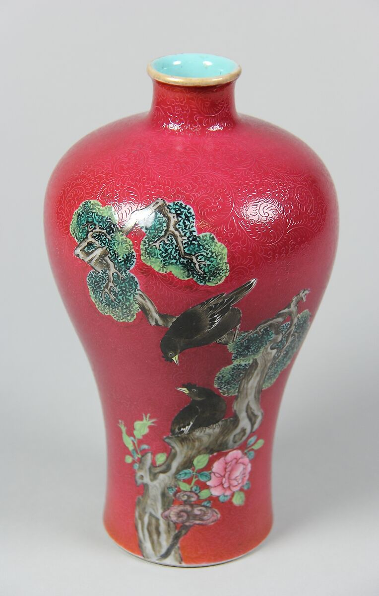 Meiping vase with birds and flowers, Porcelain painted with overglaze polychrome enamels, with engraved decoration (Jingdezhen ware), China 