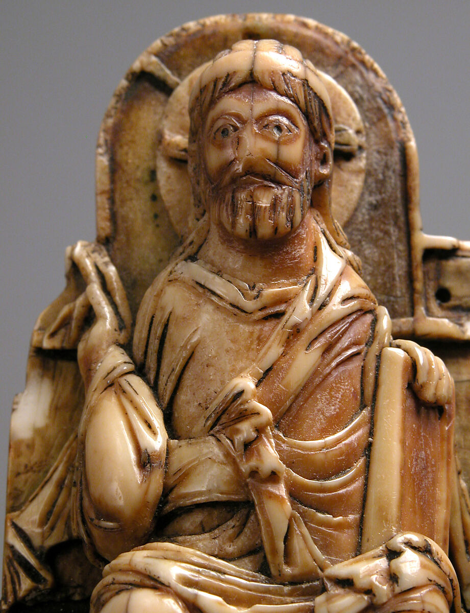 Pectoral with Christ and the Lamb of God and the Symbols of the Four Evangelists, Walrus ivory with gilt-copper sheets and copper alloy pin, British or North French